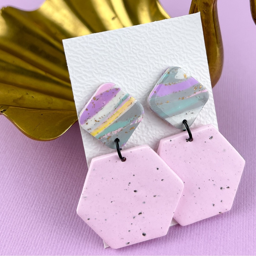Colourful Marble Hexagon Earrings Handmade Polymer Clay